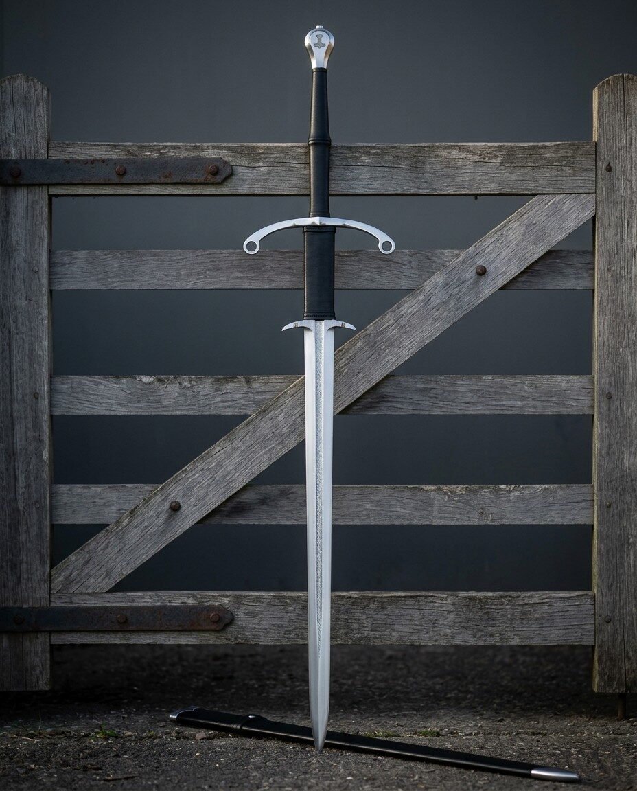 Gemini_Generated_Image_o2fmro2fmro2fmro Hand forged two handed longsword with parrying hooks and a ring terminal crossguard standing against a weathered farm gate above its black leather scabbard on gravel