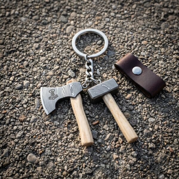 Hand forged viking keyring with miniature damascus axe and hammer charms on ash handles and a brown leather fob lying on wet gravel
