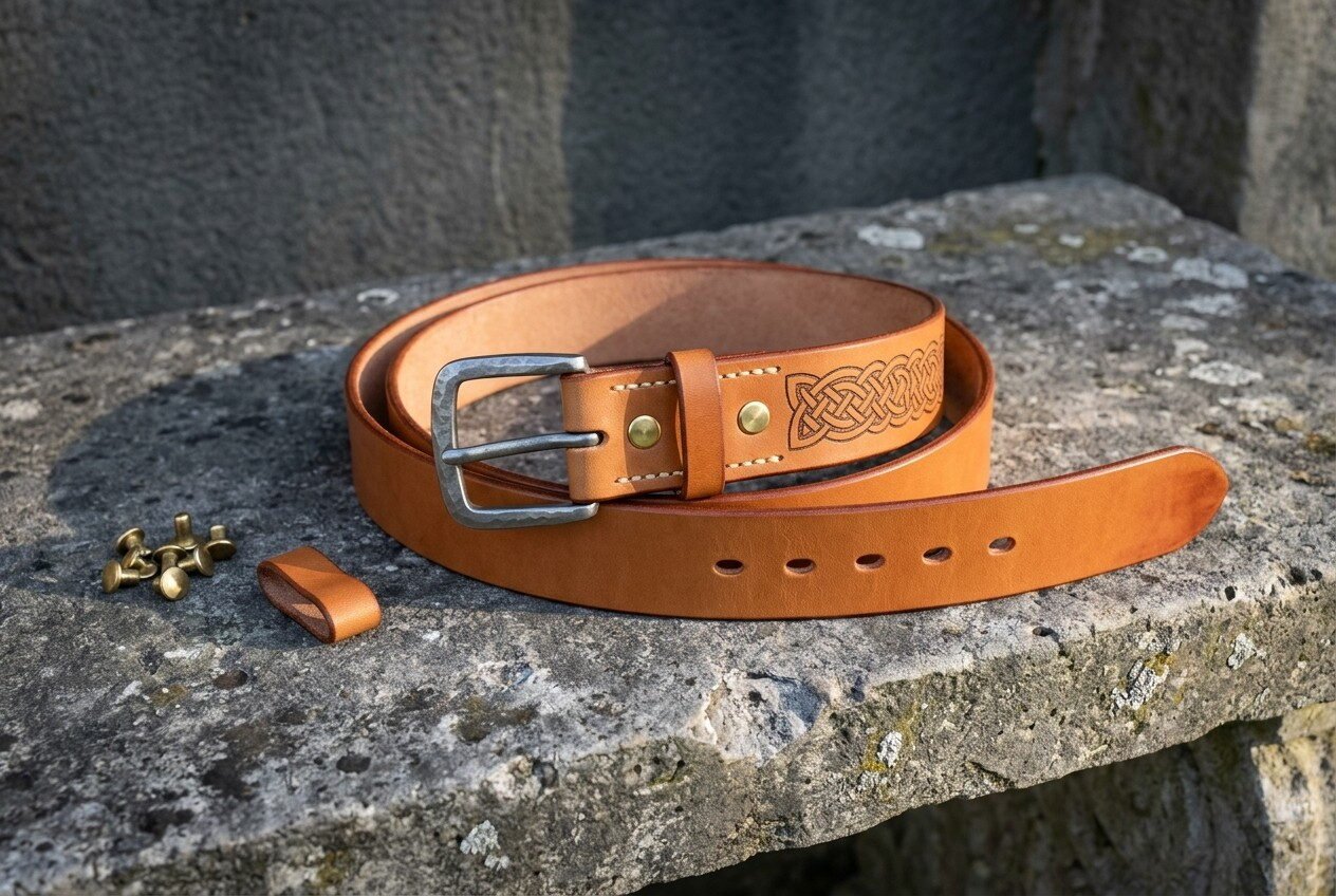 Gemini_Generated_Image_odpx2vodpx2vodpx Hand made tan viking leather belt with a stamped Celtic knotwork panel, antiqued roller buckle and brass rivets coiled on a weathered stone ledge
