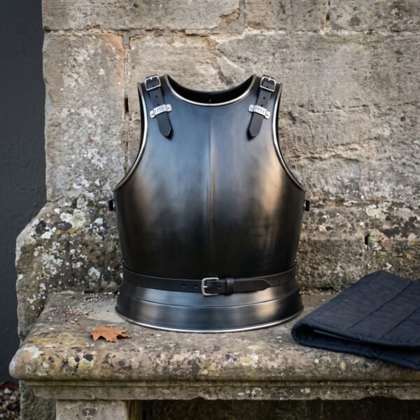 Blackened steel plate armor breastplate with bright rolled edges, runed leather shoulder straps and articulated fauld standing on a stone ledge by a gambeson