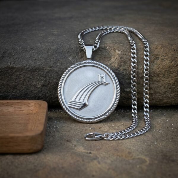 Hand made silver tone bifrost pendant showing the raised rainbow bridge and Asgard gate in a rope twist border, on a heavy curb chain resting against stone