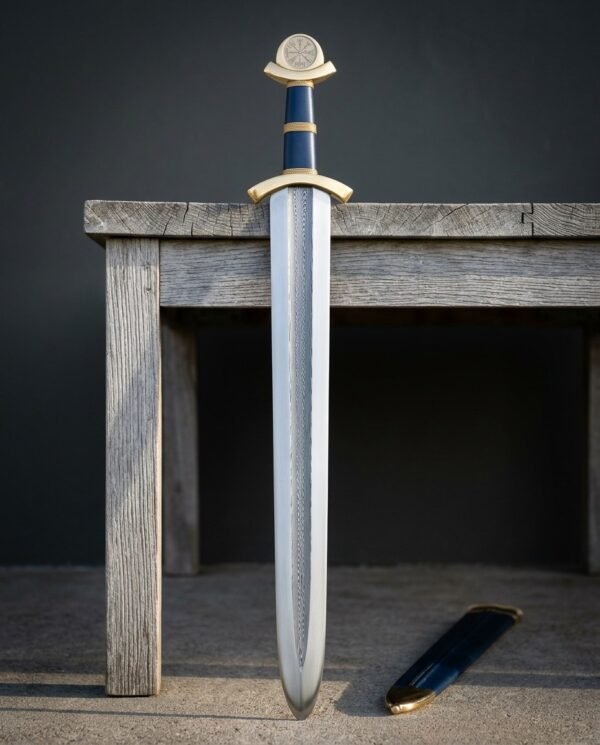 Hand forged Viking sword with a broad leaf shaped blade showing a pattern welded Damascus core stripe, brass hilt and blue leather grip, standing beside its blue scabbard.