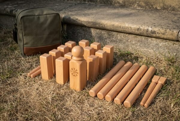Hand made wooden kubb game in warm beech standing on dry grass with a Vegvisir engraved king, ten kubb blocks, six throwing batons and a green canvas carry bag