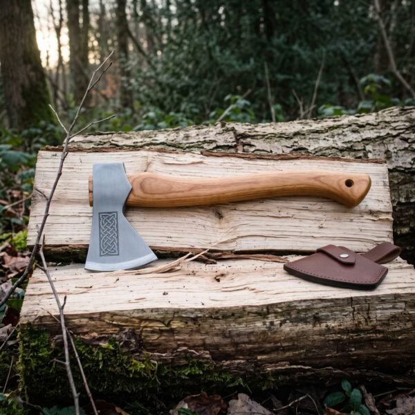 Hand forged felling axe with a knotwork engraved head and curved hickory handle lying on a felled log in woodland beside a brown leather blade mask.