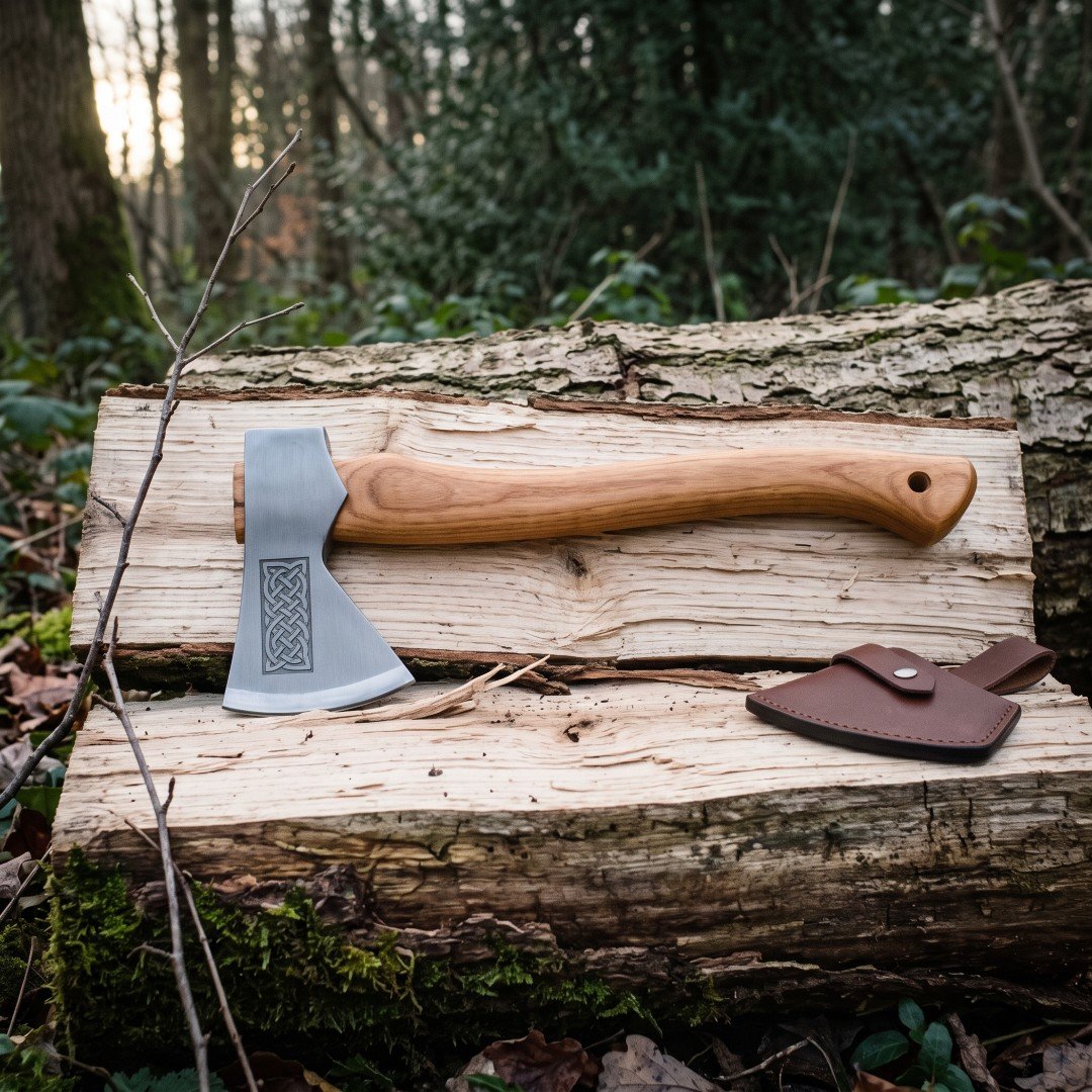 Gemini_Generated_Image_onps43onps43onps Hand forged felling axe with a knotwork engraved head and curved hickory handle lying on a felled log in woodland beside a brown leather blade mask.