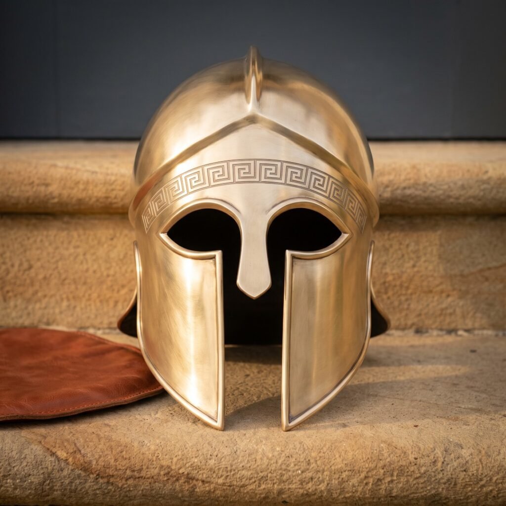 Hand raised brass Greek helmet of the Corinthian hoplite pattern with engraved meander brow band and crest ridge standing on warm sandstone steps