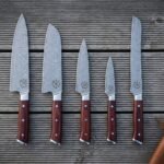 Hearthfold Hand Forged Damascus Chef Knife Set of Five with Rosewood Handles | Vegvisir Etched Blades | Full Tang Build and Leather Knife Roll | Kitchen Wedding Gift | RK-1763