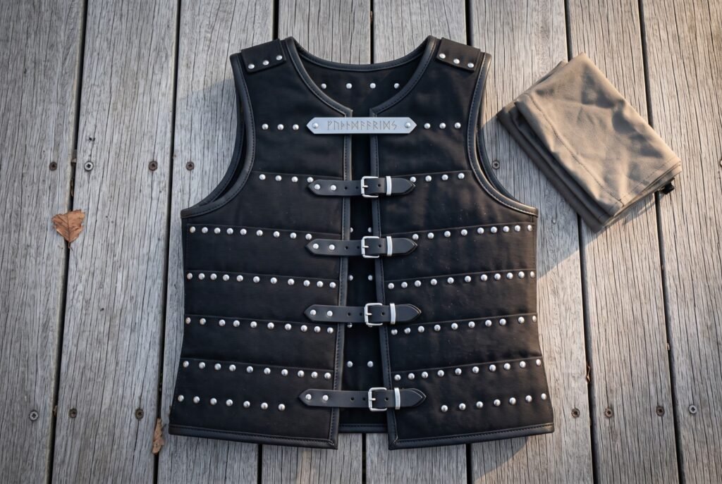 Black riveted leather brigandine body armour with four steel buckle straps and an engraved rune plaque, laid flat on grey weathered decking boards outdoors.
