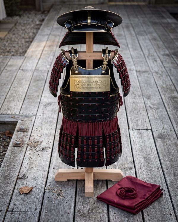Hand made samurai armor suit in black lacquered steel lamellar with crimson lacing, engraved brass breast plaque and jingasa on a wooden armour stand