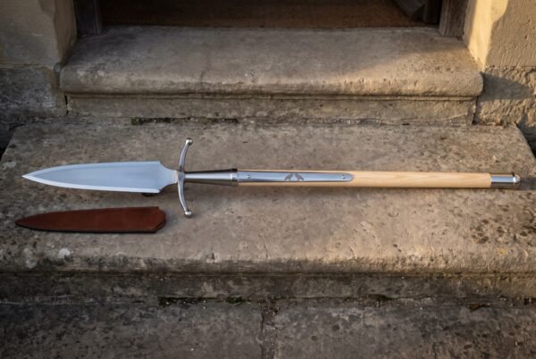 Tuskward Hand Forged 1095 Steel Boar Spear | Broad Leaf Blade with Curved Steel Crossbar | Ash Haft, Riveted Socket and Leather Blade Sheath | Norse Hunting Gift | RK-1636
