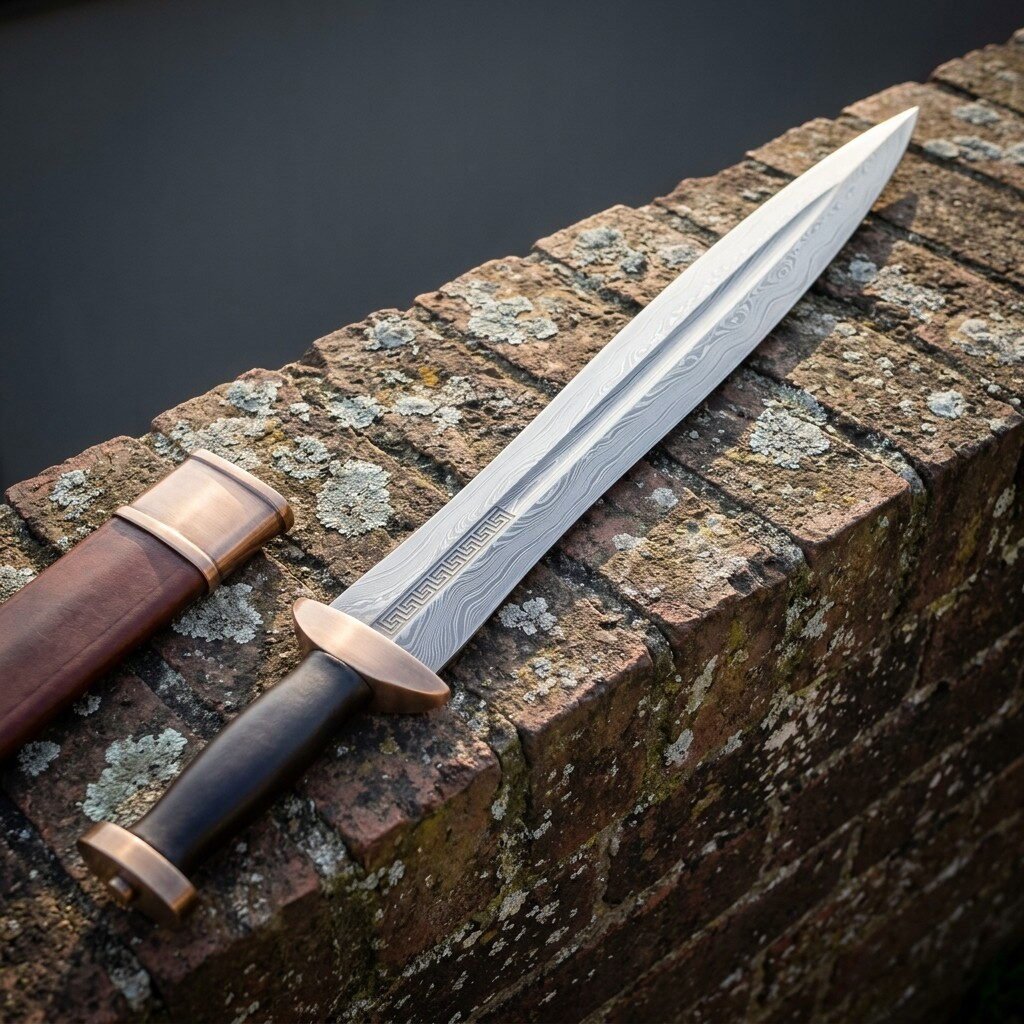 Gemini_Generated_Image_prqdomprqdomprqd Hand forged damascus gladius short sword with layered blade, cut Greek key border and solid bronze pommel lying on a lichen covered brick wall beside its scabbard