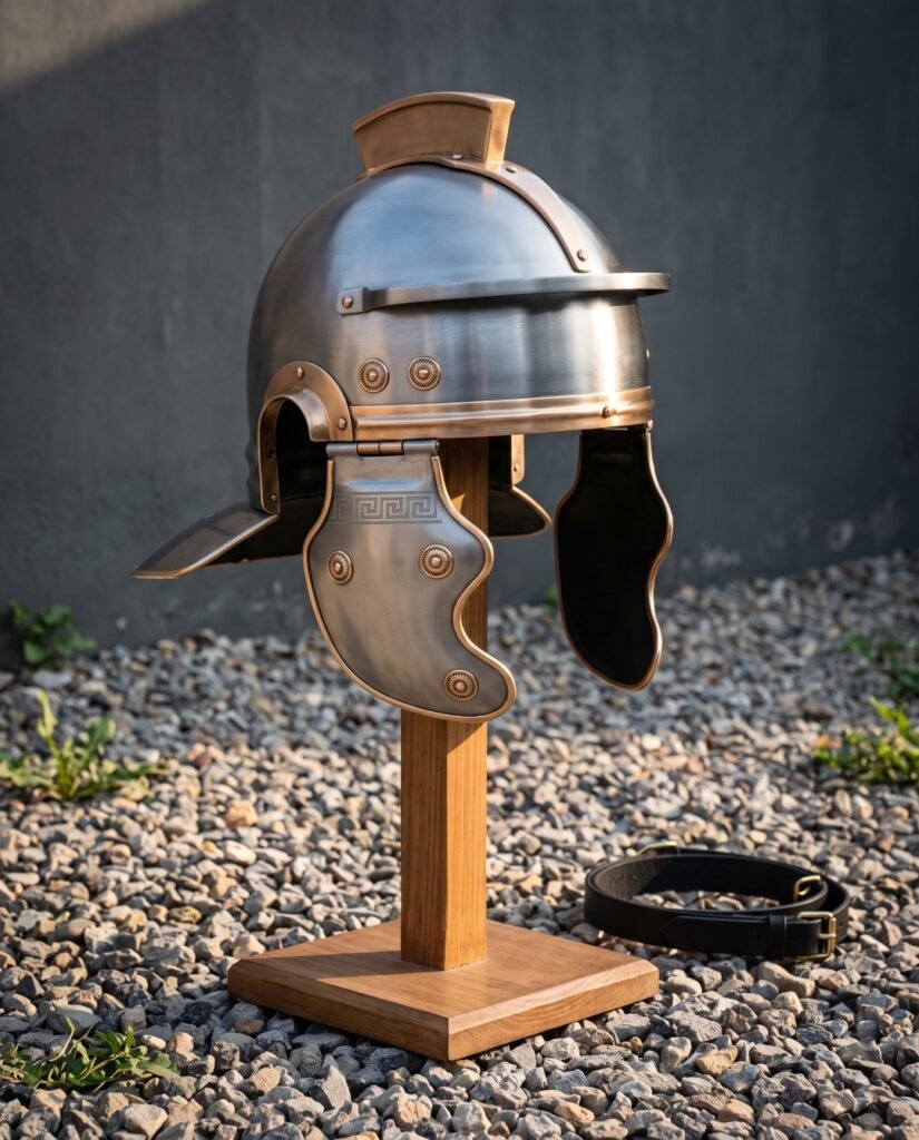 Hand forged roman legionary helmet in satin steel with bronze tone trim, engraved meander cheek guards and crest holder, shown on a wooden display stand outdoors