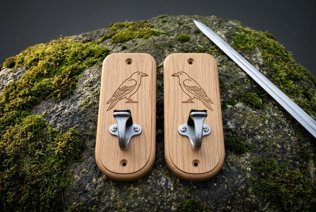 Pair of hand made oak sword wall mount plaques engraved with standing ravens, each fitted with a brushed steel hook, resting on mossy stone beside a polished blade.