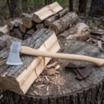 Hand forged felling axe with a 1095 high carbon head, chased Norse knotwork on the cheek and a hickory haft resting on a chopping block beside its leather blade mask