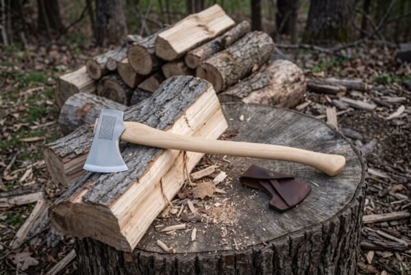 Timberrune Hand Forged 1095 Carbon Steel Felling Axe | 4 Inch Bit | Chased Knotwork Cheek, Hickory Haft and Leather Blade Mask | Woodsman Gift | RK-1482