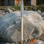 Hand forged damascus viking spear with a narrow leaf head, raised central spine, brass Valknut ferrule and pale ash haft standing on a boulder by a stone shore
