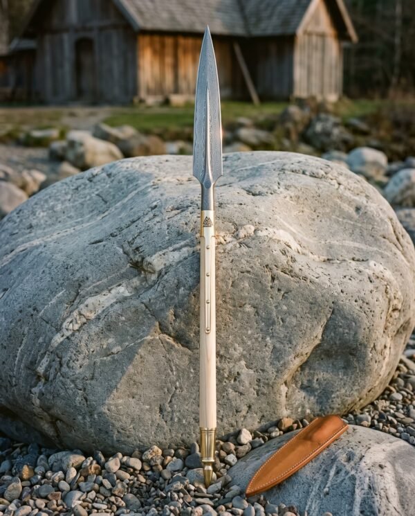 Ashreach Hand Forged Damascus Viking Spear with Leaf Shaped Head | Brass Valknut Ferrule and Ash Wood Haft | Leather Point Cover Included | Norse Reenactment Gift | RK-1614