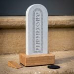 Slatestave Hand Made Engraved Slate Rune Stone with Full Elder Futhark Row & Knotwork Arch | 10 Inch Standing Height | Solid Oak Display Base | Norse Home Decor Gift | RK-1705