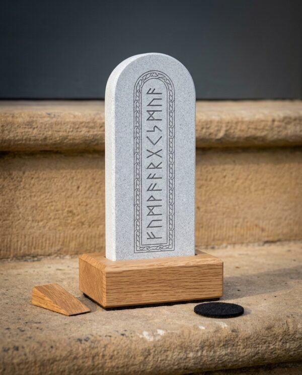 Hand engraved grey slate rune stone with the full Elder Futhark row inside a knotwork arch border, standing in a solid oak base on a stone step