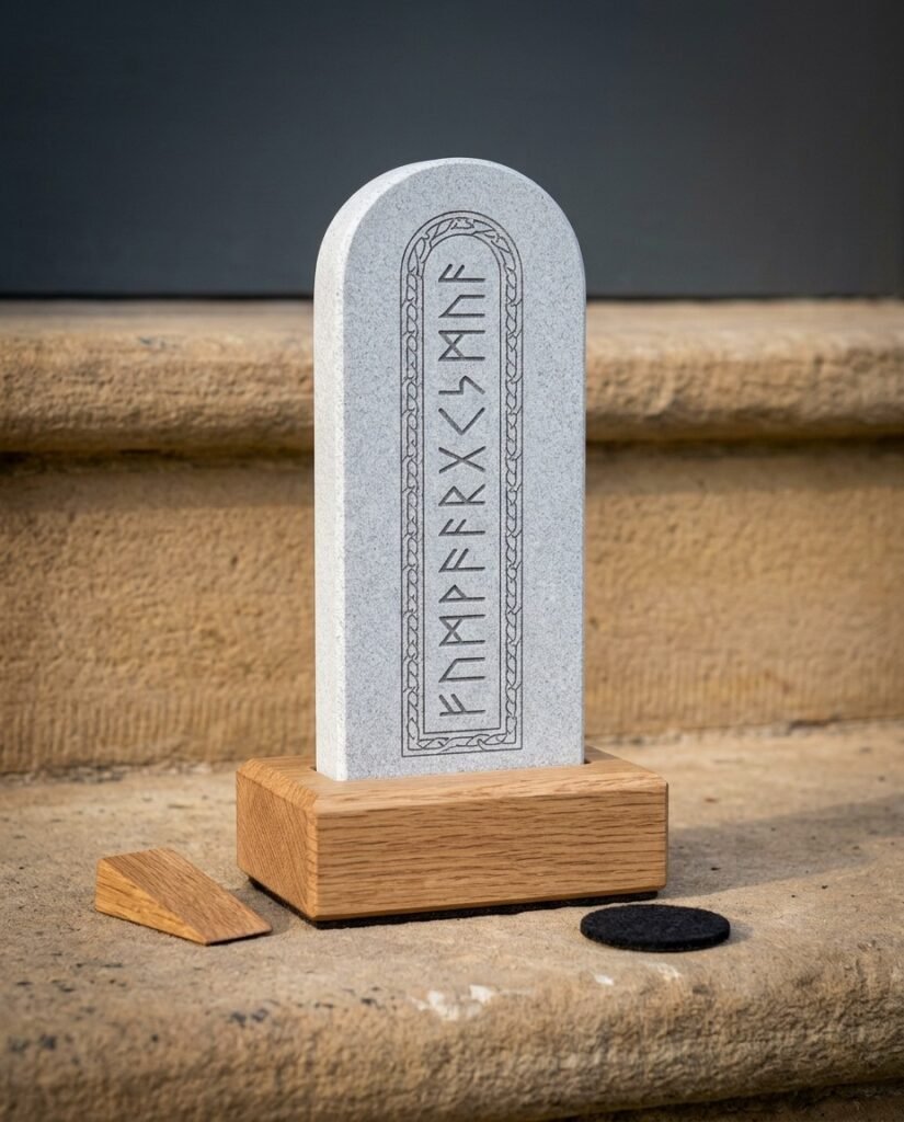 Hand engraved grey slate rune stone with the full Elder Futhark row inside a knotwork arch border, standing in a solid oak base on a stone step