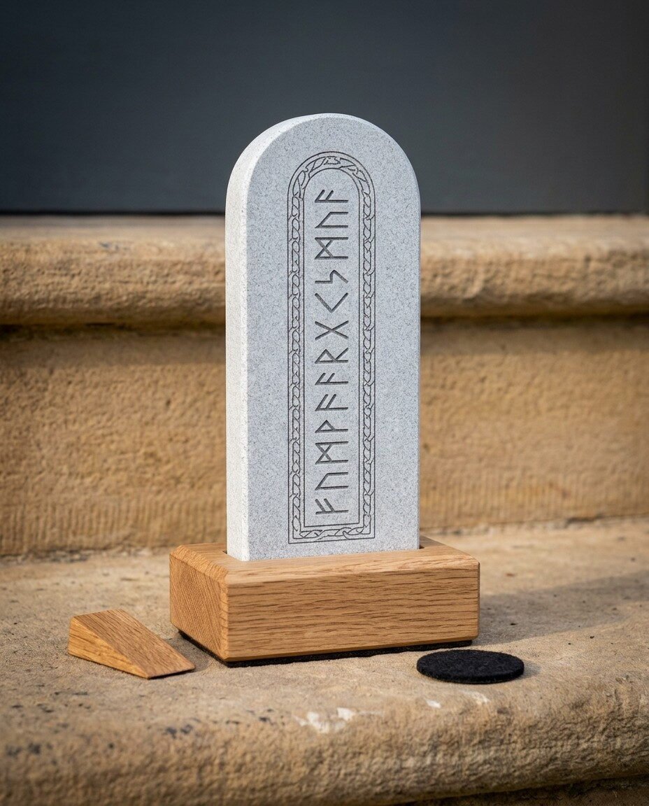 Gemini_Generated_Image_ro4nw2ro4nw2ro4n Hand engraved grey slate rune stone with the full Elder Futhark row inside a knotwork arch border, standing in a solid oak base on a stone step