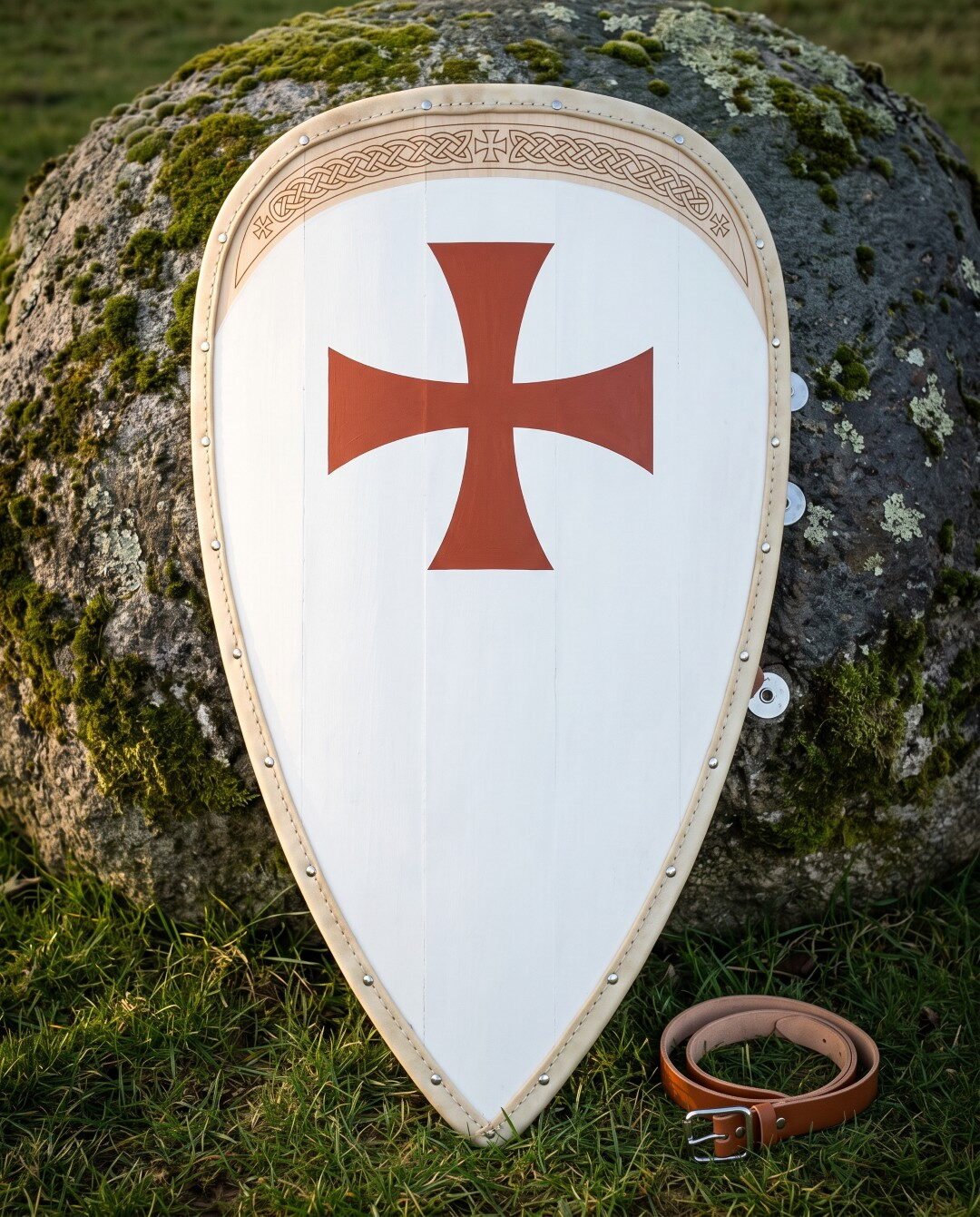 Gemini_Generated_Image_rrw9lvrrw9lvrrw9 Templar shield of kite form in planked wood, a red cross pattee on a white field with a knotwork border band, leaning on a mossy boulder beside a leather belt.