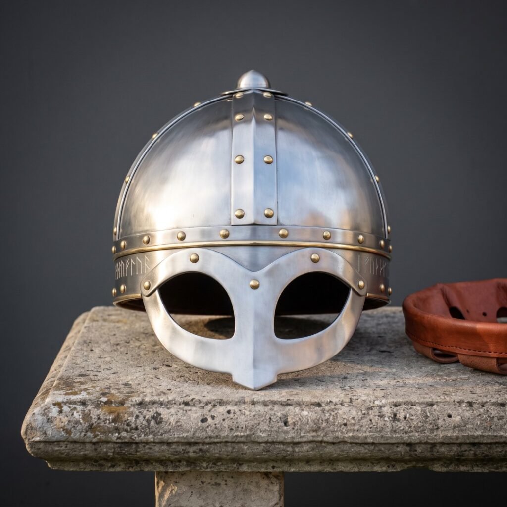 Riveted steel Viking spectacle helmet with a brass browband, cut runes and wide eye guards, resting on a stone bench beside a brown leather liner.