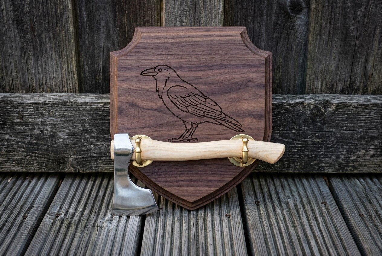Gemini_Generated_Image_rvtetlrvtetlrvte Hand forged bearded axe with a light ash haft and brass brackets mounted on a walnut viking axe wall plaque engraved with a standing raven, shown on weathered decking.