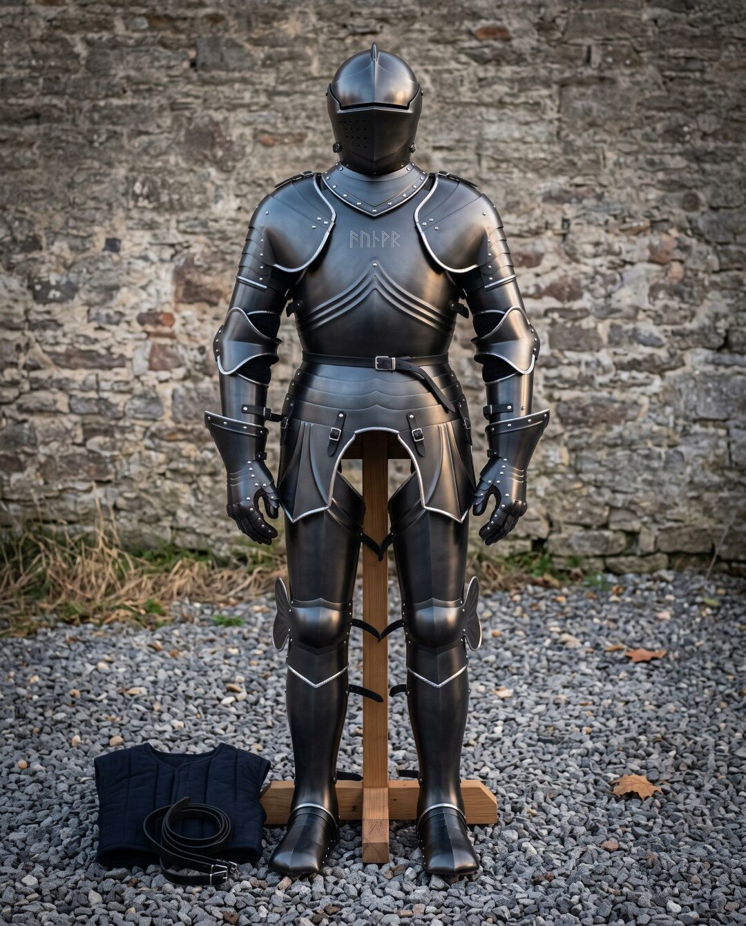 Gemini_Generated_Image_ry4u7ery4u7ery4u Blackened hand forged plate armour suit on a wooden stand against a stone wall, showing fluted breastplate, engraved runes, articulated pauldrons, gauntlets and sabatons.