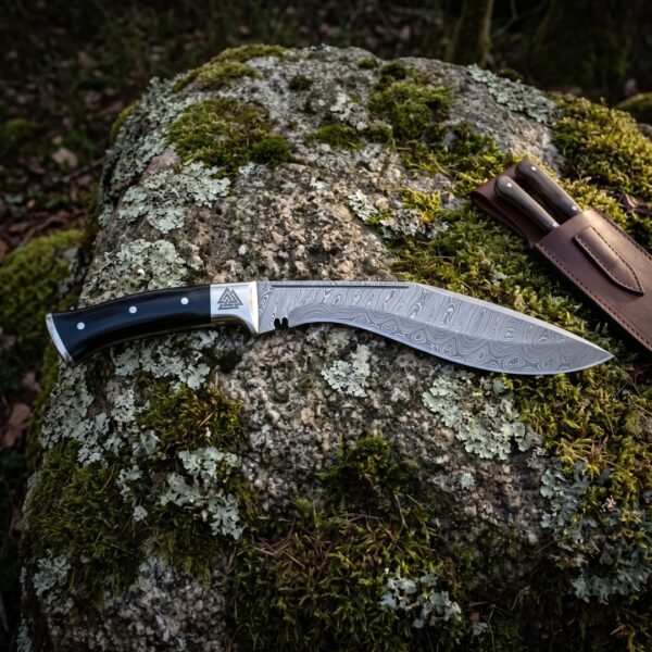 Hand forged damascus kukri with a flowing pattern welded blade, engraved Valknut and buffalo horn handle, lying on a lichen covered rock beside its leather sheath