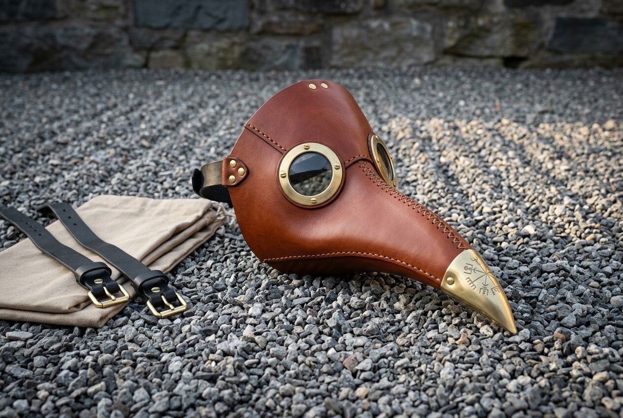Gemini_Generated_Image_sg7lr6sg7lr6sg7l Hand stitched chestnut leather plague doctor mask with brass goggle rims and an engraved brass beak tip, resting on grey gravel beside a stone wall.