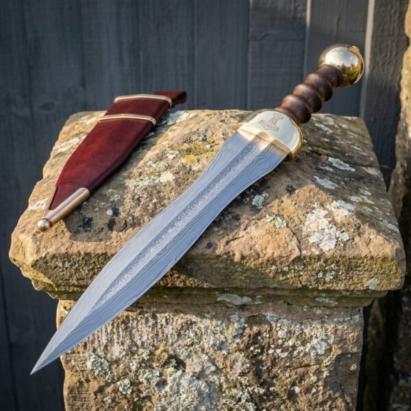Legionward Hand Forged Damascus Gladius Short Sword | 27 Inch Overall Length | Brass Fittings and Turned Hardwood Grip with Oxblood Leather Scabbard | Roman Collector Gift | RK-1671