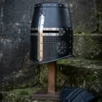 Nightcrux Hand Forged Blackened Great Helm | 16 Gauge Crusader Helmet | Polished Steel Cross Reinforce, Chased Vegvisir and Domed Rivets | Medieval Gift | RK-1483