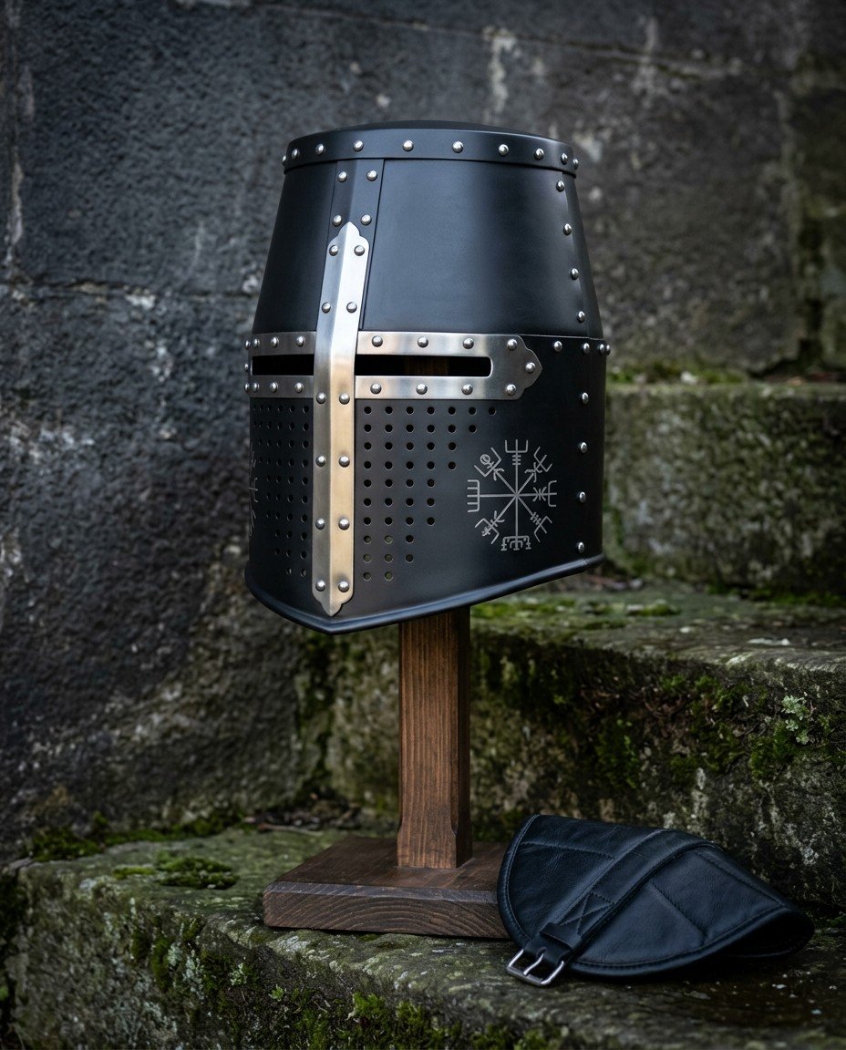 Gemini_Generated_Image_snfr42snfr42snfr Blackened crusader helmet, a hand forged 16 gauge great helm with a polished steel cross reinforce, domed rivets and a chased Vegvisir, on a wooden stand by mossy steps