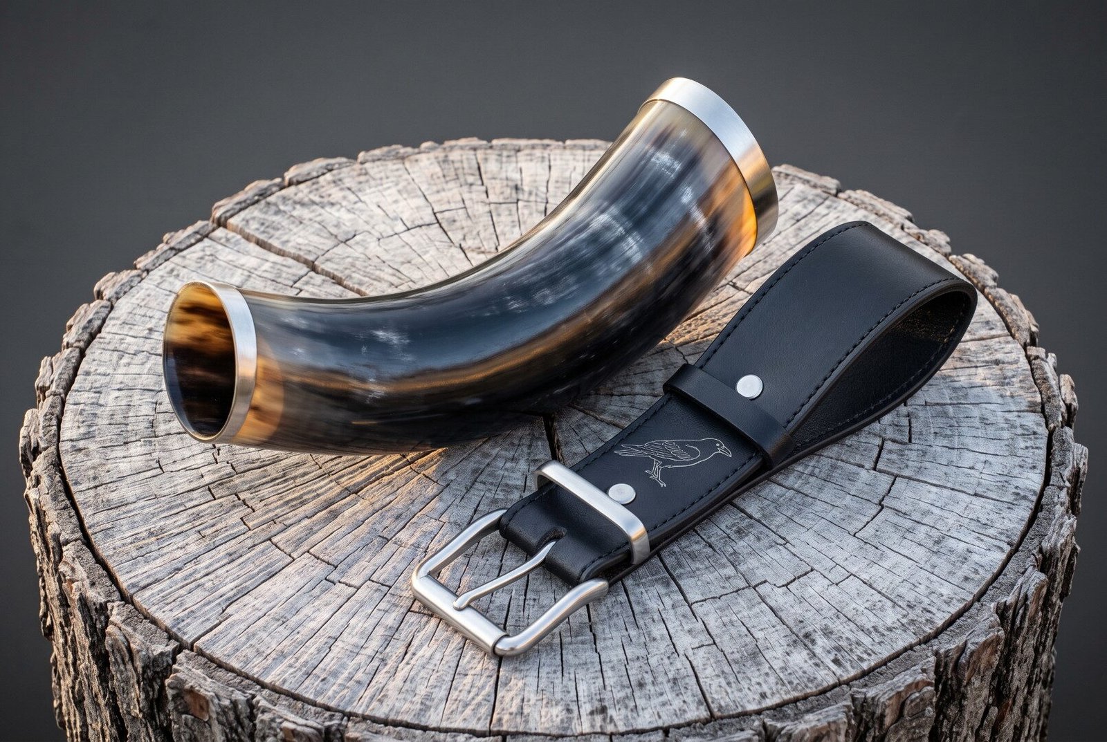Gemini_Generated_Image_srt5sesrt5sesrt5 Viking drinking horn in polished amber and grey ox horn with steel rim band, shown on a weathered tree stump beside a black leather belt hanger with engraved raven