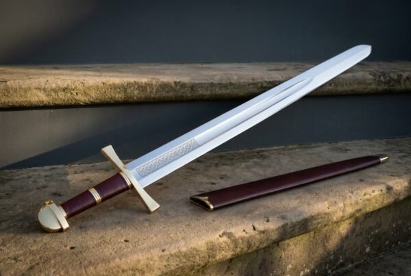 Gildwarden Hand Forged 1095 Steel Knightly Arming Sword | 37 Inch Overall Length | Brass Guard and Pommel with Oxblood Leather Grip | Medieval Collector Gift | RK-1774