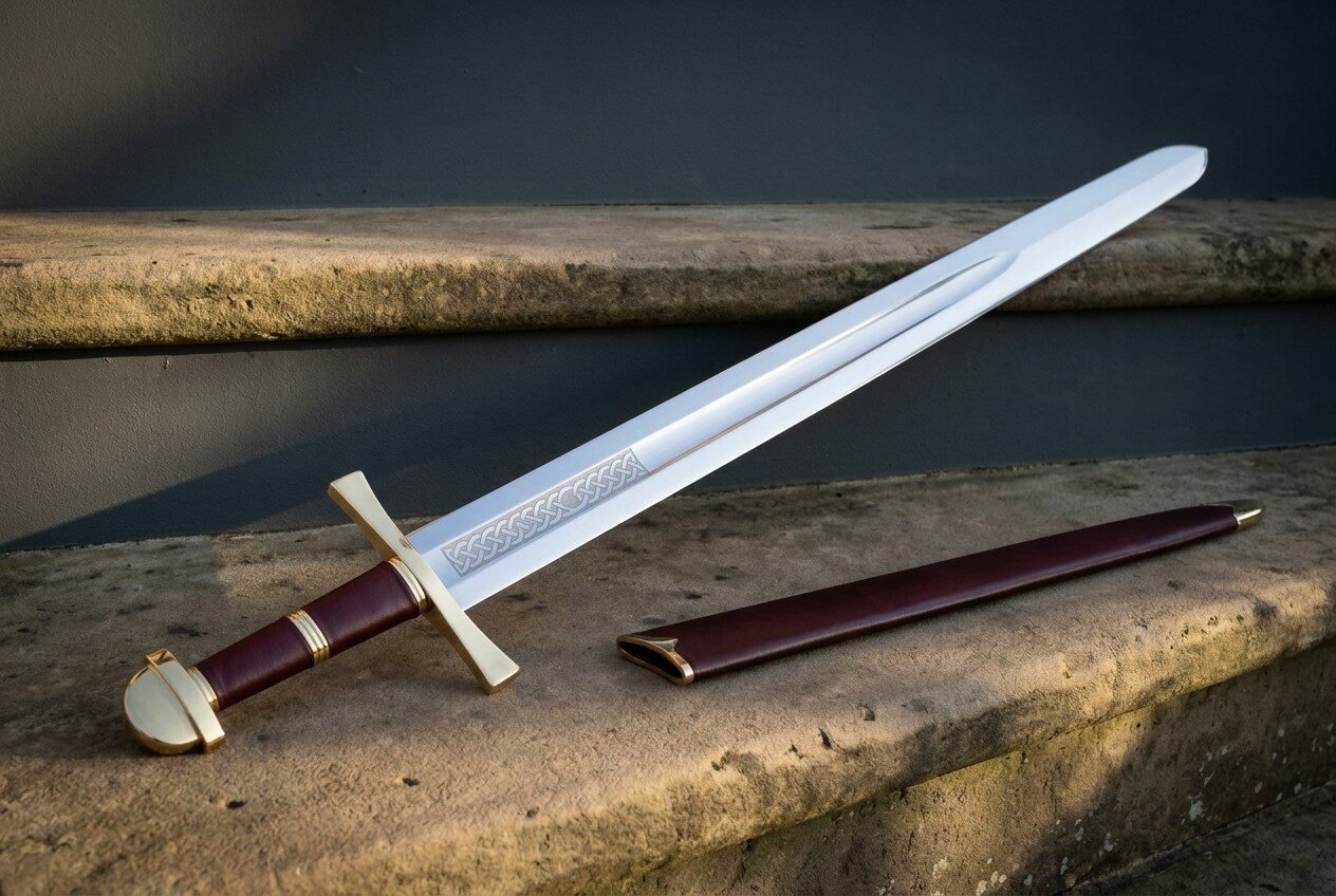 Gemini_Generated_Image_stuz29stuz29stuz Hand forged knightly sword with a polished fullered blade, engraved knotwork panel, brass crossguard and pommel and oxblood leather grip, resting on a stone step beside its burgundy scabbard.
