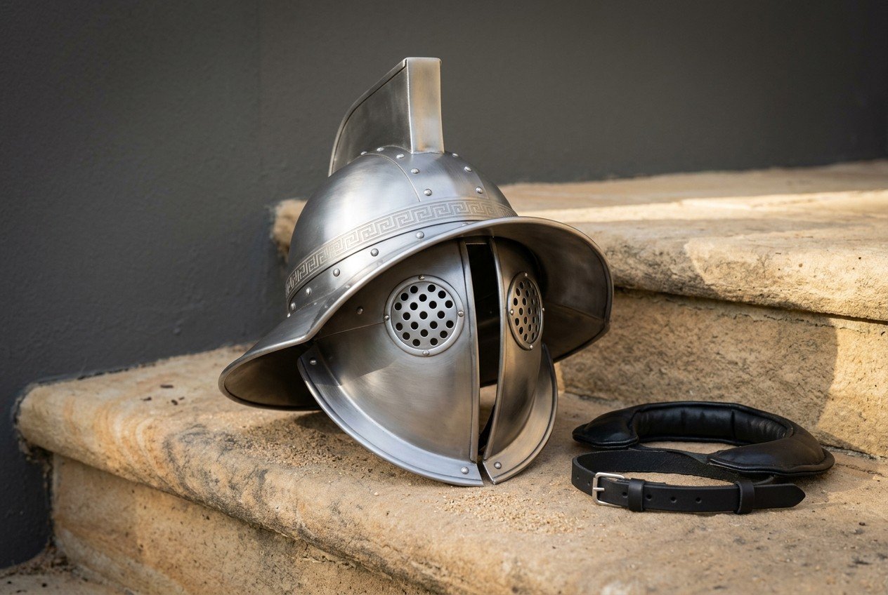 Gemini_Generated_Image_swmgldswmgldswmg Hand forged steel Roman helmet in 16 gauge mild steel with a Greek key chased brow band, hinged cheek pieces, pierced ear discs and an upright crest holder on stone steps