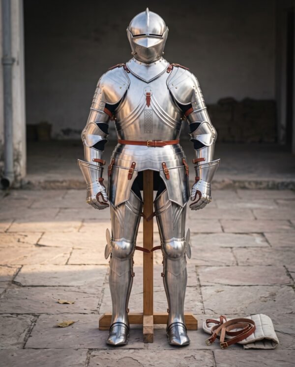 Full hand forged plate armor suit in polished 18 gauge steel with a visored close helm, articulated arms and legs and oxblood leather straps, shown on a stand