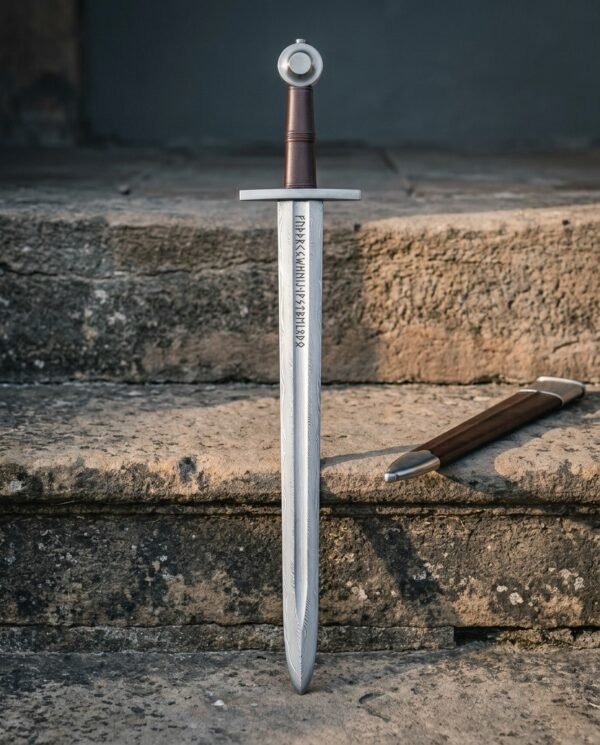 Damascus viking sword with Elder Futhark runes cut into the broad blade, leather wrapped grip and wheel pommel, standing on stone steps beside a timber scabbard