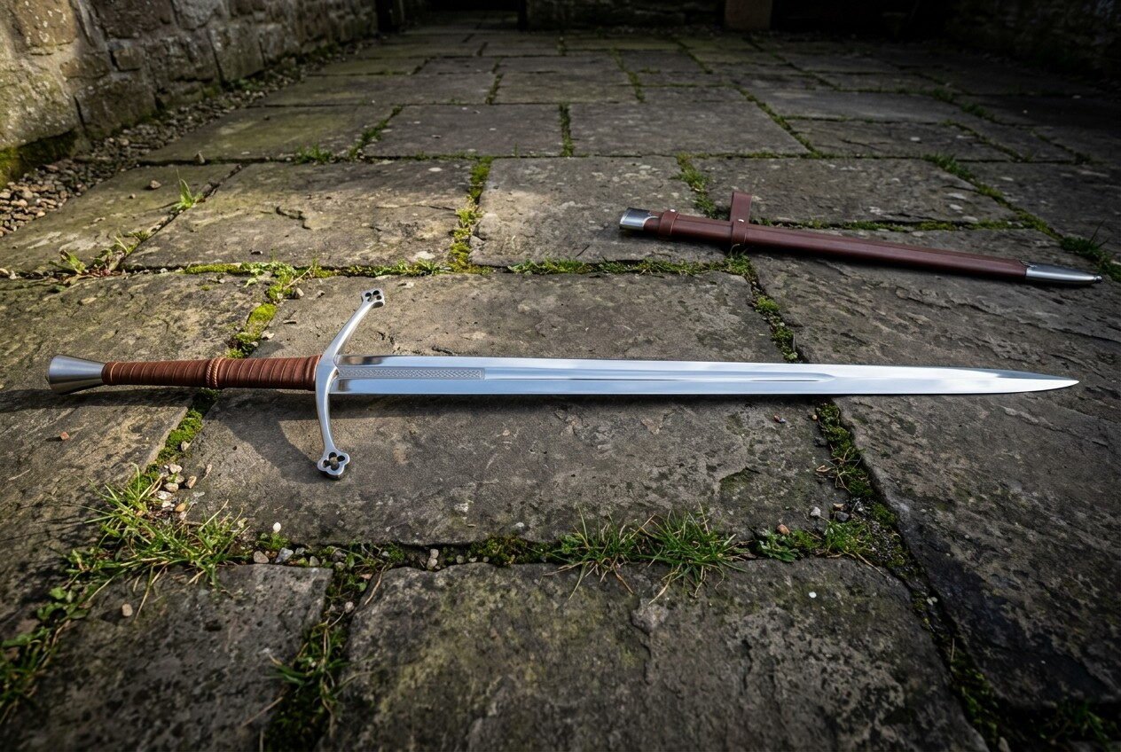 Gemini_Generated_Image_tbvmtktbvmtktbvm Hand forged medieval longsword with a long tapering fullered blade, curved crossguard with ring terminals and a two hand leather grip, lying on flagstones beside its leather scabbard.