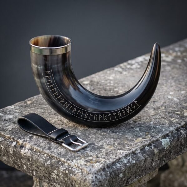 Rune drinking horn in dark polished ox horn with a full Elder Futhark row cut along the curve and a steel rim, resting on a stone ledge with a leather belt loop