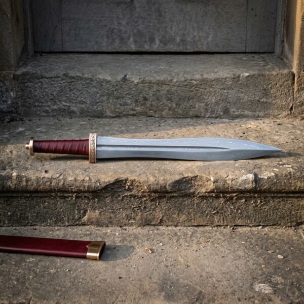 Legionfold Hand Forged Damascus Leaf Blade Gladius with Bronze Meander Guard | 26 Inch Overall | Oxblood Leather Grip and Matching Scabbard | Roman Collector Gift | RK-1716