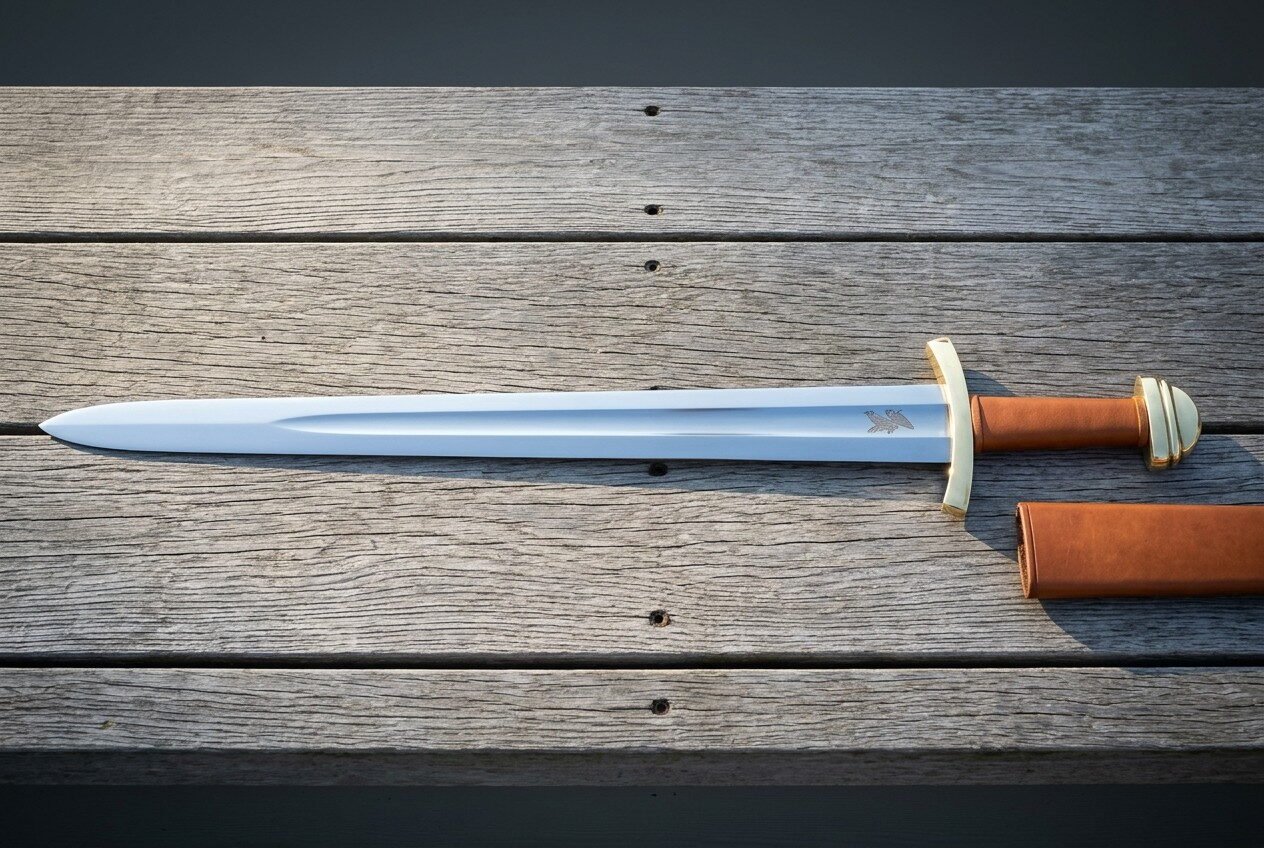 Gemini_Generated_Image_uoctt4uoctt4uoct Hand forged norse sword with a broad fullered blade etched with twin ravens, brass brazil nut pommel and tan leather grip, laid on weathered grey decking with its scabbard.