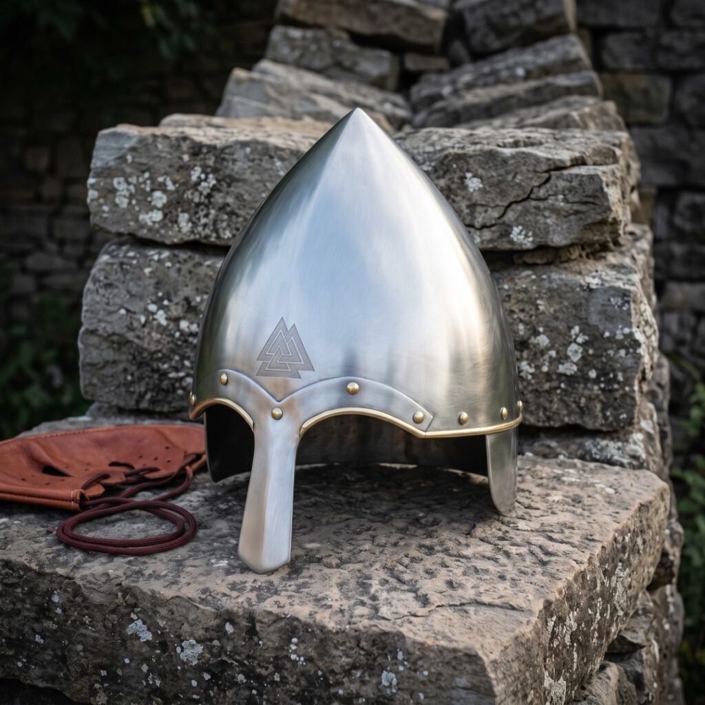 Viking helmet of conical form in polished steel with brass rivets, a cut valknut and a wide nasal bar, on a dry stone wall beside a leather liner.