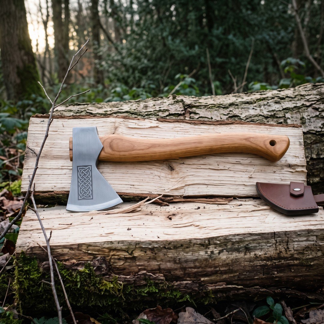 Gemini_Generated_Image_vdws83vdws83vdws Hand forged viking hand axe with a bearded 1095 carbon steel head and etched Celtic knotwork, hickory handle and brown leather blade mask on a split log in woodland