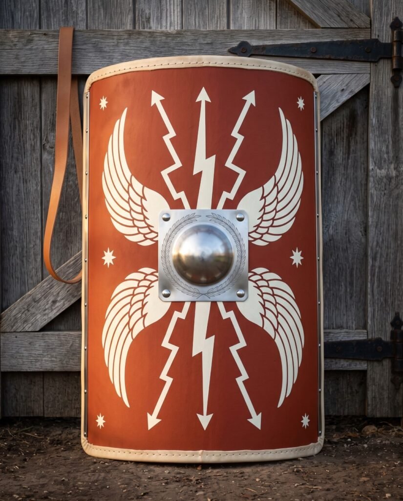 Hand painted roman shield in the curved legionary scutum pattern, red face with white wings and thunderbolts, steel dome boss and rawhide edging against a barn door