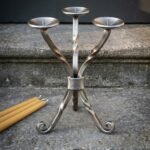 Hearthspire Hand Forged Viking Candle Holder | Three Branch Twisted Steel | Mjolnir Engraved Collar and Scrolled Feet with Dished Drip Pans | Norse Hall Gift | RK-1676