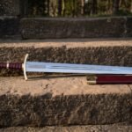 Brasswake Hand Forged 1095 Steel Medieval Sword with Brass Wheel Pommel | 31 Inch Etched Knotwork Blade | Oxblood Leather Grip and Brass Mounted Scabbard | Collector Gift | RK-1722