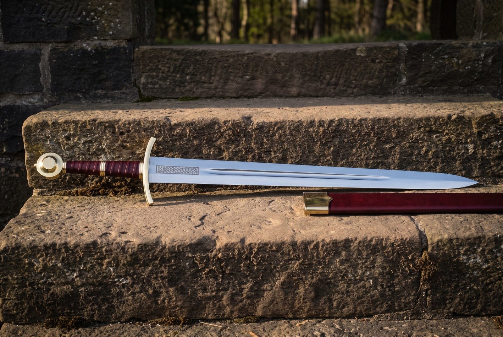 Gemini_Generated_Image_wvugt2wvugt2wvug Hand forged medieval sword with a brass wheel pommel, oxblood leather grip and a knotwork etched blade, lying on a sunlit stone step beside its brass mounted scabbard.